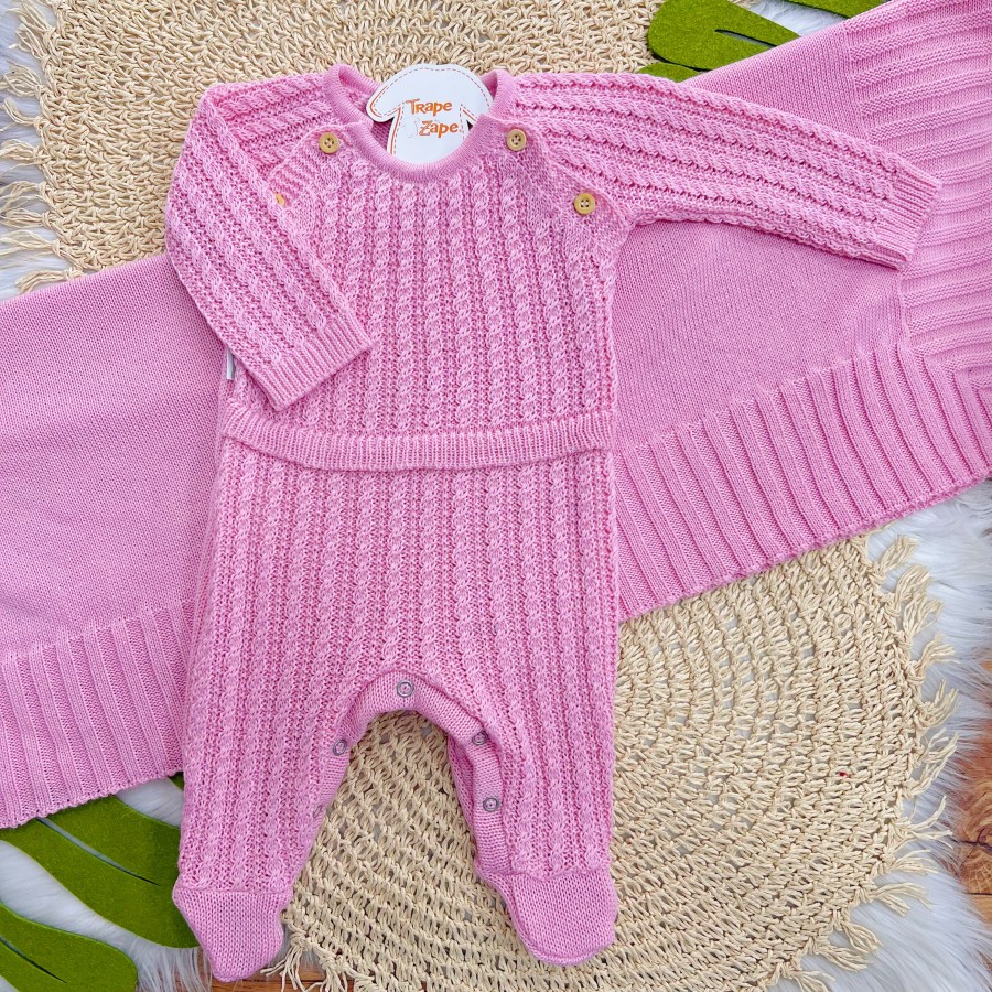 Saída de Maternidade Fofinho - Tranças com Botões - Rosa